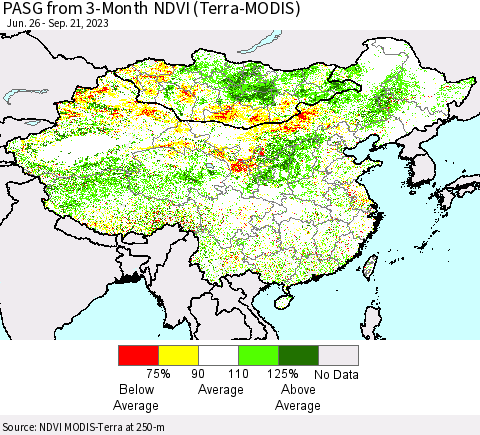 China, Mongolia and Taiwan PASG from 3-Month NDVI (Terra-MODIS) Thematic Map For 9/14/2023 - 9/21/2023