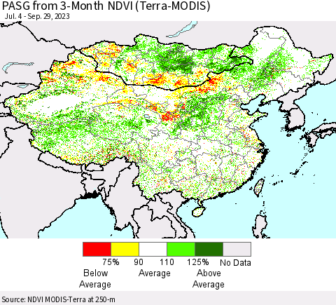 China, Mongolia and Taiwan PASG from 3-Month NDVI (Terra-MODIS) Thematic Map For 9/22/2023 - 9/29/2023