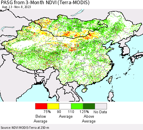 China, Mongolia and Taiwan PASG from 3-Month NDVI (Terra-MODIS) Thematic Map For 11/1/2023 - 11/8/2023