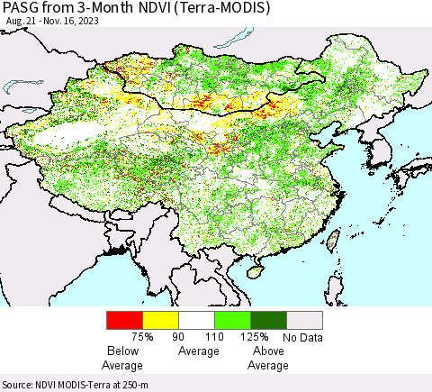China, Mongolia and Taiwan PASG from 3-Month NDVI (Terra-MODIS) Thematic Map For 11/9/2023 - 11/16/2023
