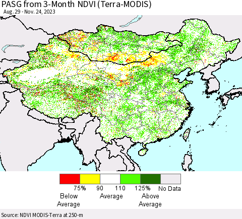 China, Mongolia and Taiwan PASG from 3-Month NDVI (Terra-MODIS) Thematic Map For 11/17/2023 - 11/24/2023
