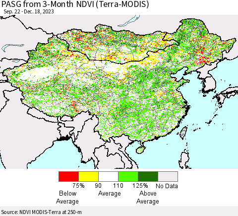 China, Mongolia and Taiwan PASG from 3-Month NDVI (Terra-MODIS) Thematic Map For 12/11/2023 - 12/18/2023
