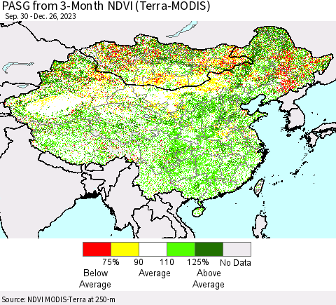 China, Mongolia and Taiwan PASG from 3-Month NDVI (Terra-MODIS) Thematic Map For 12/19/2023 - 12/26/2023