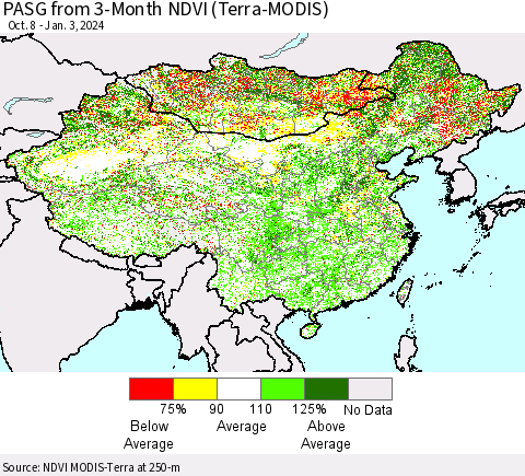 China, Mongolia and Taiwan PASG from 3-Month NDVI (Terra-MODIS) Thematic Map For 12/27/2023 - 1/3/2024