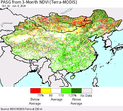 China, Mongolia and Taiwan PASG from 3-Month NDVI (Terra-MODIS) Thematic Map For 1/1/2024 - 1/8/2024