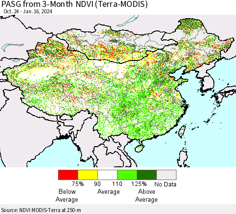 China, Mongolia and Taiwan PASG from 3-Month NDVI (Terra-MODIS) Thematic Map For 1/9/2024 - 1/16/2024