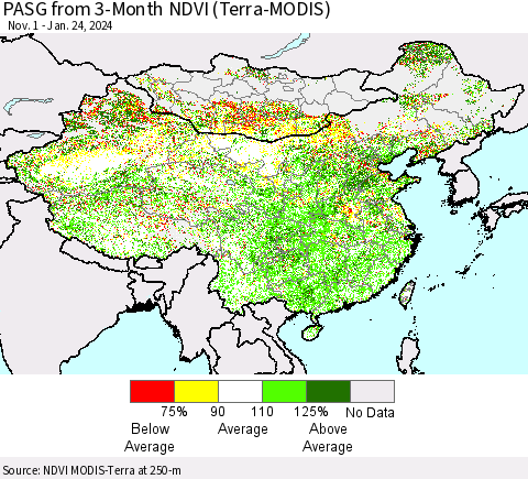 China, Mongolia and Taiwan PASG from 3-Month NDVI (Terra-MODIS) Thematic Map For 1/17/2024 - 1/24/2024