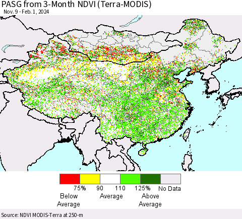 China, Mongolia and Taiwan PASG from 3-Month NDVI (Terra-MODIS) Thematic Map For 1/25/2024 - 2/1/2024