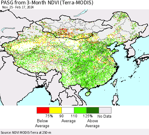 China, Mongolia and Taiwan PASG from 3-Month NDVI (Terra-MODIS) Thematic Map For 2/10/2024 - 2/17/2024