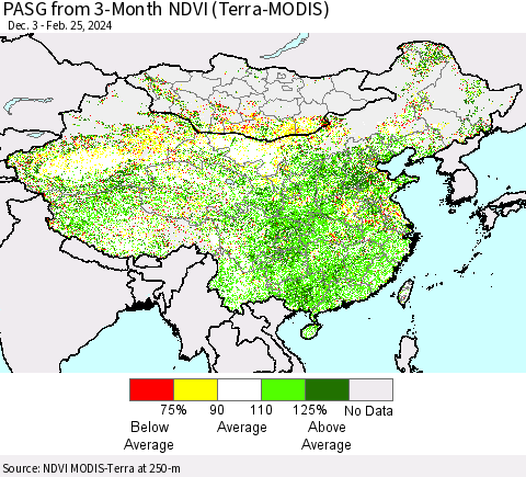 China, Mongolia and Taiwan PASG from 3-Month NDVI (Terra-MODIS) Thematic Map For 2/18/2024 - 2/25/2024