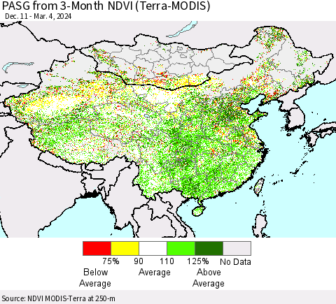 China, Mongolia and Taiwan PASG from 3-Month NDVI (Terra-MODIS) Thematic Map For 2/26/2024 - 3/4/2024