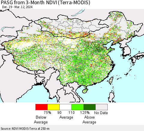 China, Mongolia and Taiwan PASG from 3-Month NDVI (Terra-MODIS) Thematic Map For 3/5/2024 - 3/12/2024