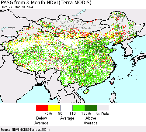 China, Mongolia and Taiwan PASG from 3-Month NDVI (Terra-MODIS) Thematic Map For 3/13/2024 - 3/20/2024