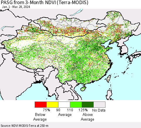 China, Mongolia and Taiwan PASG from 3-Month NDVI (Terra-MODIS) Thematic Map For 3/21/2024 - 3/28/2024