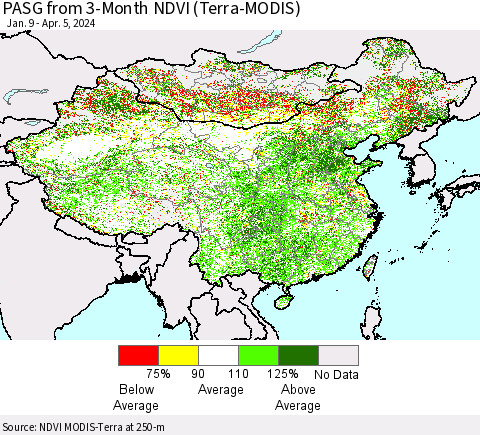 China, Mongolia and Taiwan PASG from 3-Month NDVI (Terra-MODIS) Thematic Map For 3/29/2024 - 4/5/2024