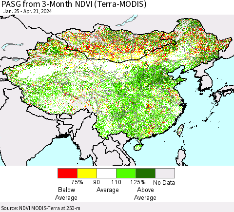China, Mongolia and Taiwan PASG from 3-Month NDVI (Terra-MODIS) Thematic Map For 4/14/2024 - 4/21/2024