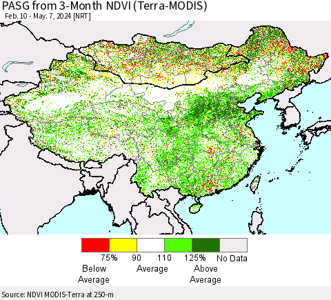 China, Mongolia and Taiwan PASG from 3-Month NDVI (Terra-MODIS) Thematic Map For 4/30/2024 - 5/7/2024