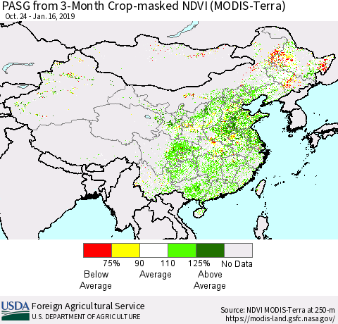 China and Taiwan PASG from 3-Month Cropland NDVI (Terra-MODIS) Thematic Map For 1/11/2019 - 1/20/2019