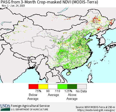 China, Mongolia and Taiwan PASG from 3-Month Cropland NDVI (Terra-MODIS) Thematic Map For 1/21/2019 - 1/31/2019