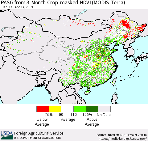 China and Taiwan PASG from 3-Month Cropland NDVI (Terra-MODIS) Thematic Map For 4/11/2019 - 4/20/2019