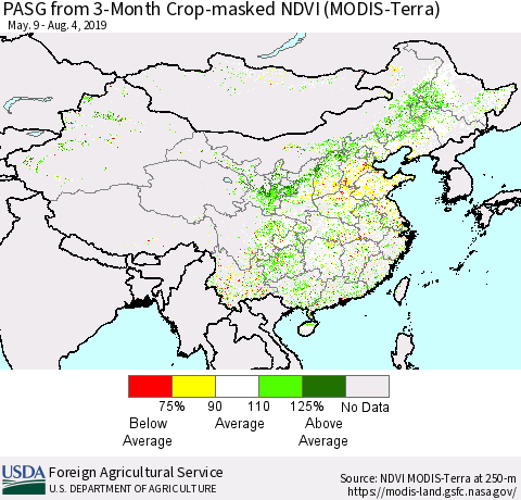 China and Taiwan PASG from 3-Month Cropland NDVI (Terra-MODIS) Thematic Map For 8/1/2019 - 8/10/2019