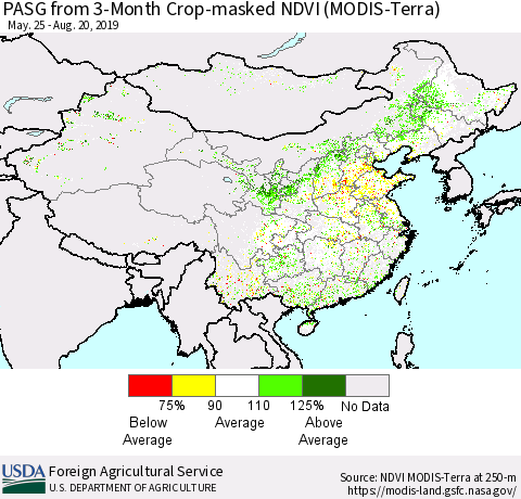 China and Taiwan PASG from 3-Month Cropland NDVI (Terra-MODIS) Thematic Map For 8/11/2019 - 8/20/2019