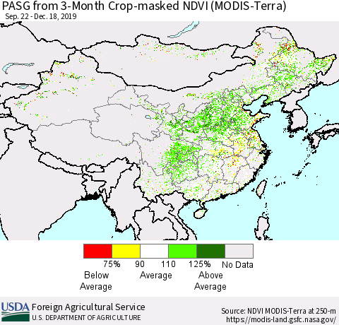 China, Mongolia and Taiwan PASG from 3-Month Cropland NDVI (Terra-MODIS) Thematic Map For 12/11/2019 - 12/20/2019