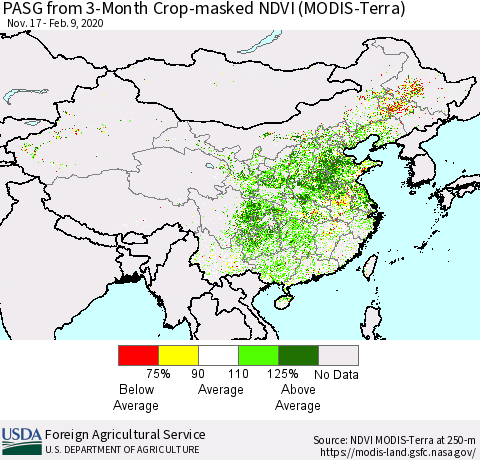 China, Mongolia and Taiwan PASG from 3-Month Cropland NDVI (Terra-MODIS) Thematic Map For 2/1/2020 - 2/10/2020