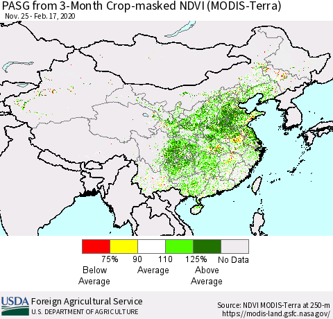 China, Mongolia and Taiwan PASG from 3-Month Cropland NDVI (Terra-MODIS) Thematic Map For 2/11/2020 - 2/20/2020