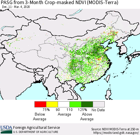 China, Mongolia and Taiwan PASG from 3-Month Cropland NDVI (Terra-MODIS) Thematic Map For 3/1/2020 - 3/10/2020