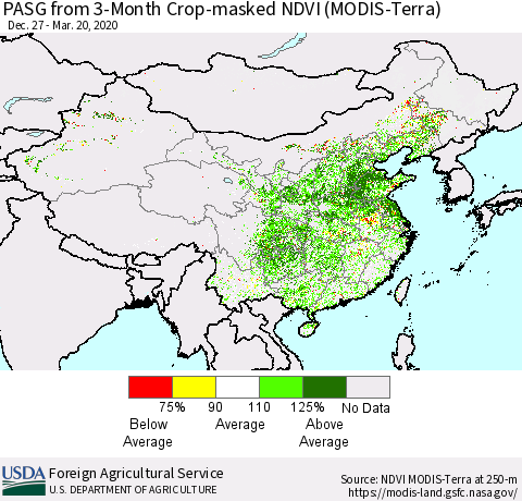 China, Mongolia and Taiwan PASG from 3-Month Cropland NDVI (Terra-MODIS) Thematic Map For 3/11/2020 - 3/20/2020