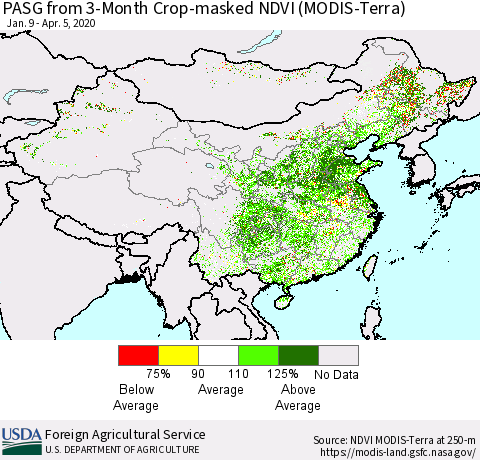 China, Mongolia and Taiwan PASG from 3-Month Cropland NDVI (Terra-MODIS) Thematic Map For 4/1/2020 - 4/10/2020