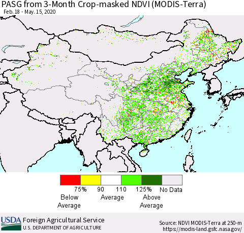 China, Mongolia and Taiwan PASG from 3-Month Cropland NDVI (Terra-MODIS) Thematic Map For 5/11/2020 - 5/20/2020