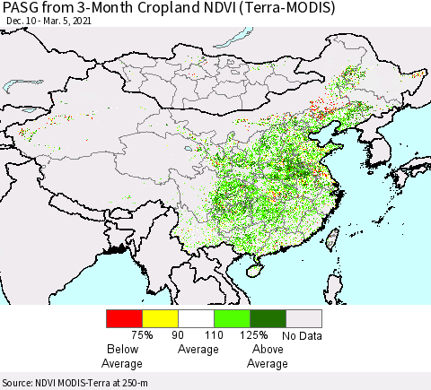 China, Mongolia and Taiwan PASG from 3-Month Cropland NDVI (Terra-MODIS) Thematic Map For 2/26/2021 - 3/5/2021