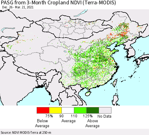 China, Mongolia and Taiwan PASG from 3-Month Cropland NDVI (Terra-MODIS) Thematic Map For 3/14/2021 - 3/21/2021
