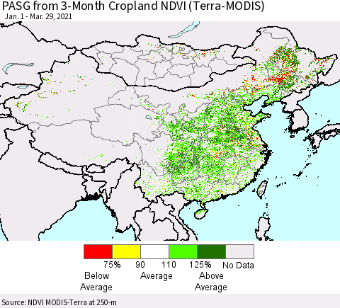 China, Mongolia and Taiwan PASG from 3-Month Cropland NDVI (Terra-MODIS) Thematic Map For 3/22/2021 - 3/29/2021