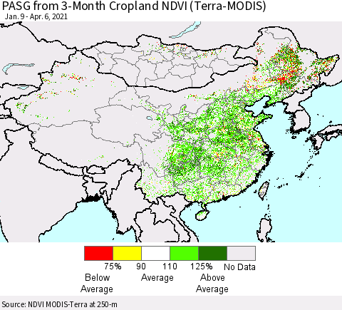 China, Mongolia and Taiwan PASG from 3-Month Cropland NDVI (Terra-MODIS) Thematic Map For 3/30/2021 - 4/6/2021