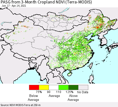 China, Mongolia and Taiwan PASG from 3-Month Cropland NDVI (Terra-MODIS) Thematic Map For 4/7/2021 - 4/14/2021