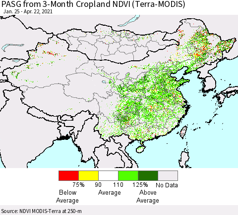 China, Mongolia and Taiwan PASG from 3-Month Cropland NDVI (Terra-MODIS) Thematic Map For 4/15/2021 - 4/22/2021