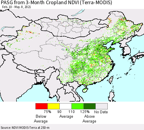 China, Mongolia and Taiwan PASG from 3-Month Cropland NDVI (Terra-MODIS) Thematic Map For 5/1/2021 - 5/8/2021