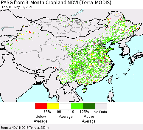 China, Mongolia and Taiwan PASG from 3-Month Cropland NDVI (Terra-MODIS) Thematic Map For 5/9/2021 - 5/16/2021