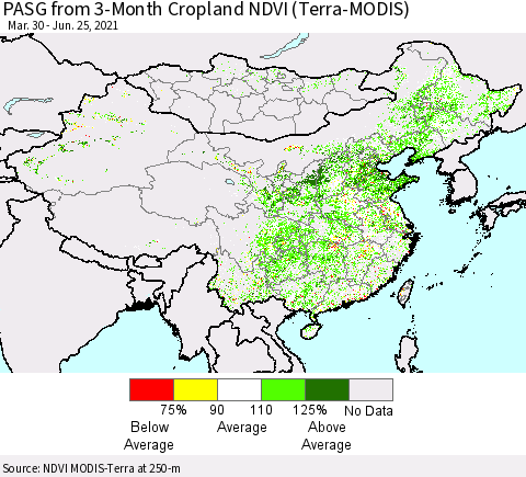 China, Mongolia and Taiwan PASG from 3-Month Cropland NDVI (Terra-MODIS) Thematic Map For 6/18/2021 - 6/25/2021