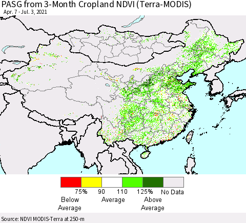 China, Mongolia and Taiwan PASG from 3-Month Cropland NDVI (Terra-MODIS) Thematic Map For 6/26/2021 - 7/3/2021