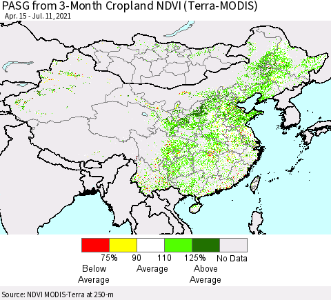 China, Mongolia and Taiwan PASG from 3-Month Cropland NDVI (Terra-MODIS) Thematic Map For 7/4/2021 - 7/11/2021