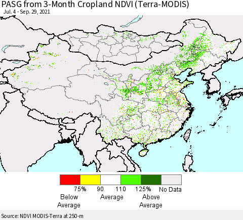 China, Mongolia and Taiwan PASG from 3-Month Cropland NDVI (Terra-MODIS) Thematic Map For 9/22/2021 - 9/29/2021