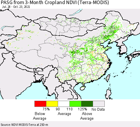 China, Mongolia and Taiwan PASG from 3-Month Cropland NDVI (Terra-MODIS) Thematic Map For 10/16/2021 - 10/23/2021