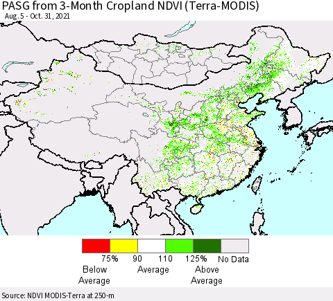 China, Mongolia and Taiwan PASG from 3-Month Cropland NDVI (Terra-MODIS) Thematic Map For 10/24/2021 - 10/31/2021