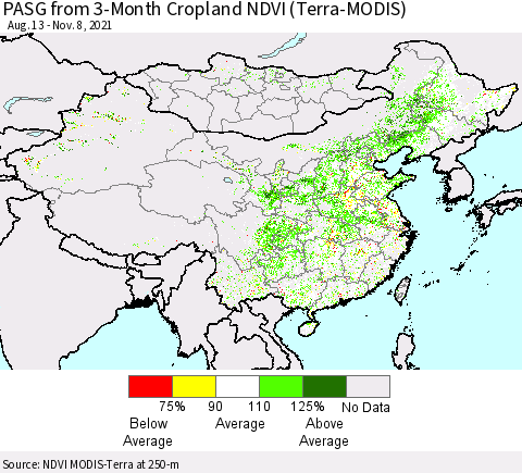 China, Mongolia and Taiwan PASG from 3-Month Cropland NDVI (Terra-MODIS) Thematic Map For 11/1/2021 - 11/8/2021
