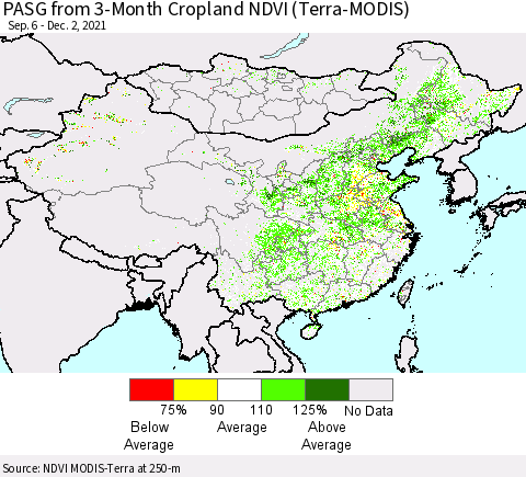 China, Mongolia and Taiwan PASG from 3-Month Cropland NDVI (Terra-MODIS) Thematic Map For 11/25/2021 - 12/2/2021