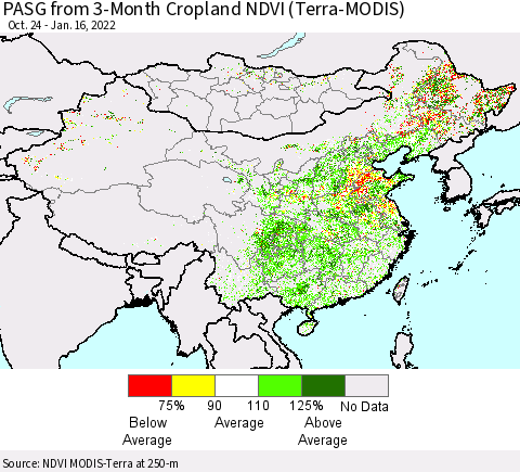 China, Mongolia and Taiwan PASG from 3-Month Cropland NDVI (Terra-MODIS) Thematic Map For 1/9/2022 - 1/16/2022